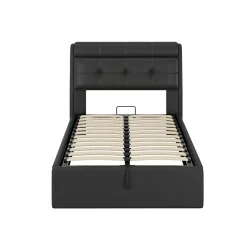 Lit Coffre 90x200 cm - Lit Simple Capitonné avec Tête de Lit et Rangement Caché - PU - Sans Matelas - Noir><noscript><img width=