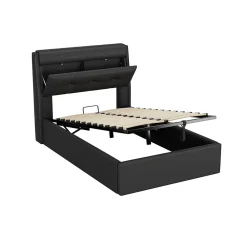 Lit Coffre 90x200 cm - Lit Simple Capitonné avec Tête de Lit et Rangement Caché - PU - Sans Matelas - Noir><noscript><img width=