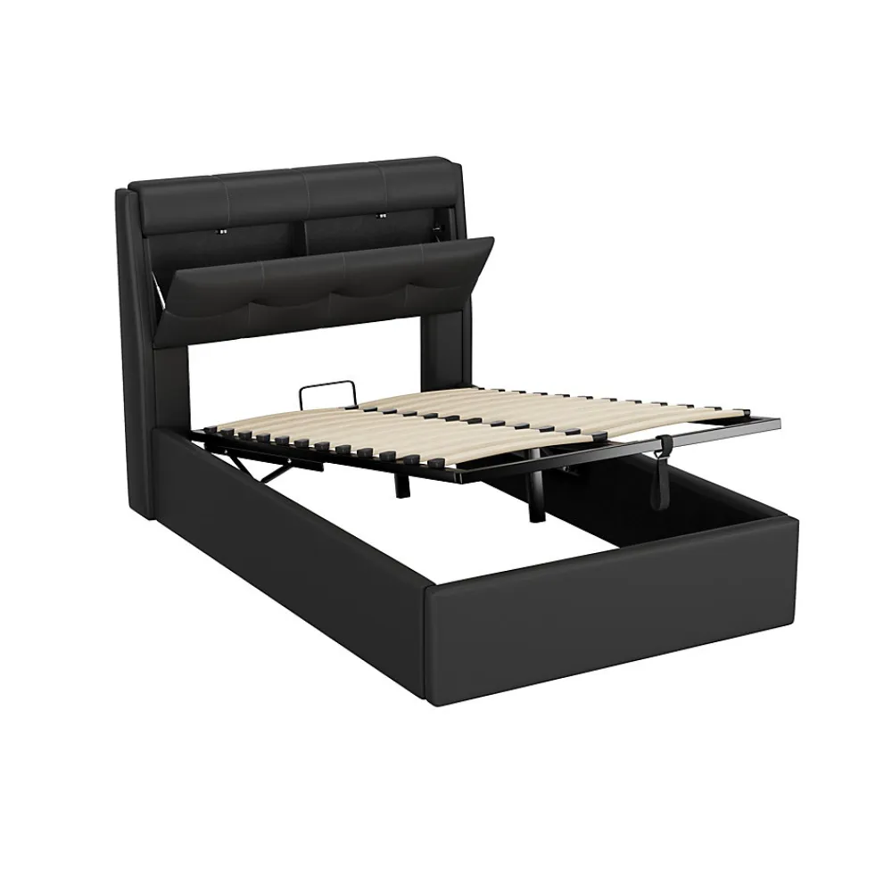 Lit Coffre 90x200 cm - Lit Simple Capitonné avec Tête de Lit et Rangement Caché - PU - Sans Matelas - Noir>Okwish Best