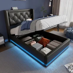Lit coffre 90x200 cm - Lit simple rembourré avec USB Type-C et LED - PU - Matelas Inclus - Noir>Okwish Outlet