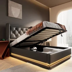 Lit coffre 90x200 cm - Lit simple rembourré avec USB Type-C et LED - PU - Matelas Inclus - Noir><noscript><img width=