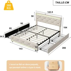 Simple Life Lit Coffre 140x190 cm, 4 tiroirs, LED, USB, Velours, Beige* Lit Coffre