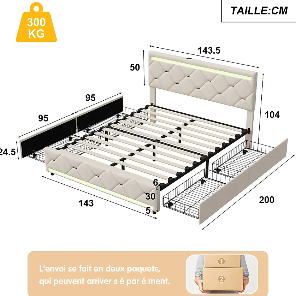 Simple Life Lit Coffre 140x190 cm, 4 tiroirs, LED, USB, Velours, Beige* Lit Coffre