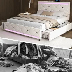 Simple Life Lit Coffre 140x190 cm, 4 tiroirs, LED, USB, Velours, Beige* Lit Coffre