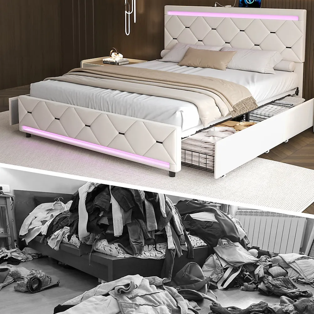 Simple Life Lit Coffre 140x190 cm, 4 tiroirs, LED, USB, Velours, Beige* Lit Coffre