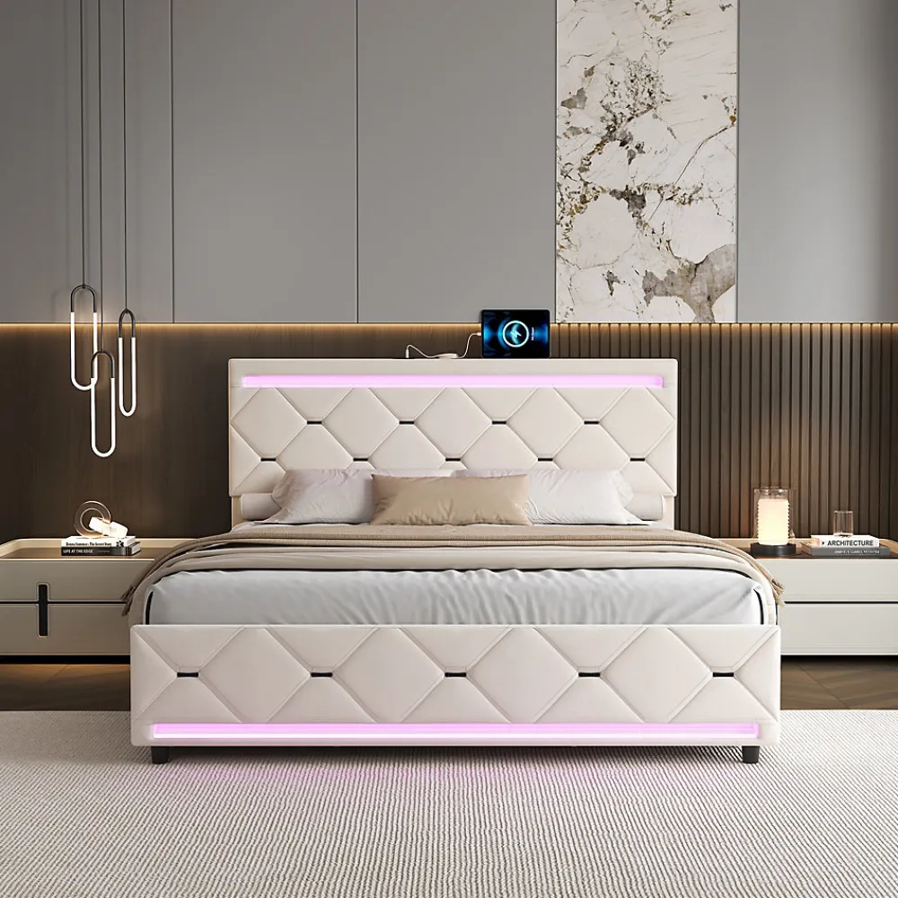 Simple Life Lit Coffre 140x190 cm, 4 tiroirs, LED, USB, Velours, Beige* Lit Coffre