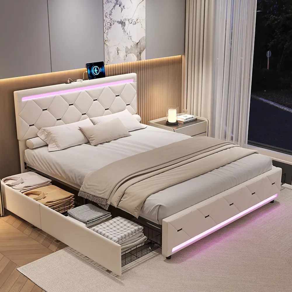 Simple Life Lit Coffre 140x190 cm, 4 tiroirs, LED, USB, Velours, Beige* Lit Coffre