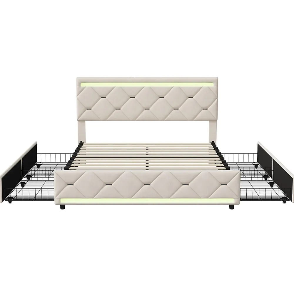 Simple Life Lit Coffre 140x190 cm, 4 tiroirs, LED, USB, Velours, Beige* Lit Coffre