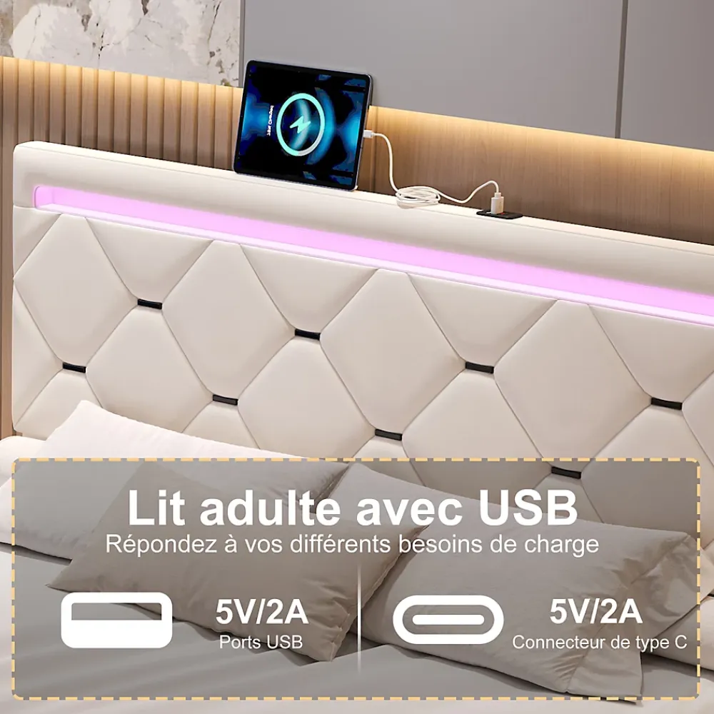 Simple Life Lit Coffre 140x190 cm, 4 tiroirs, LED, USB, Velours, Beige* Lit Coffre