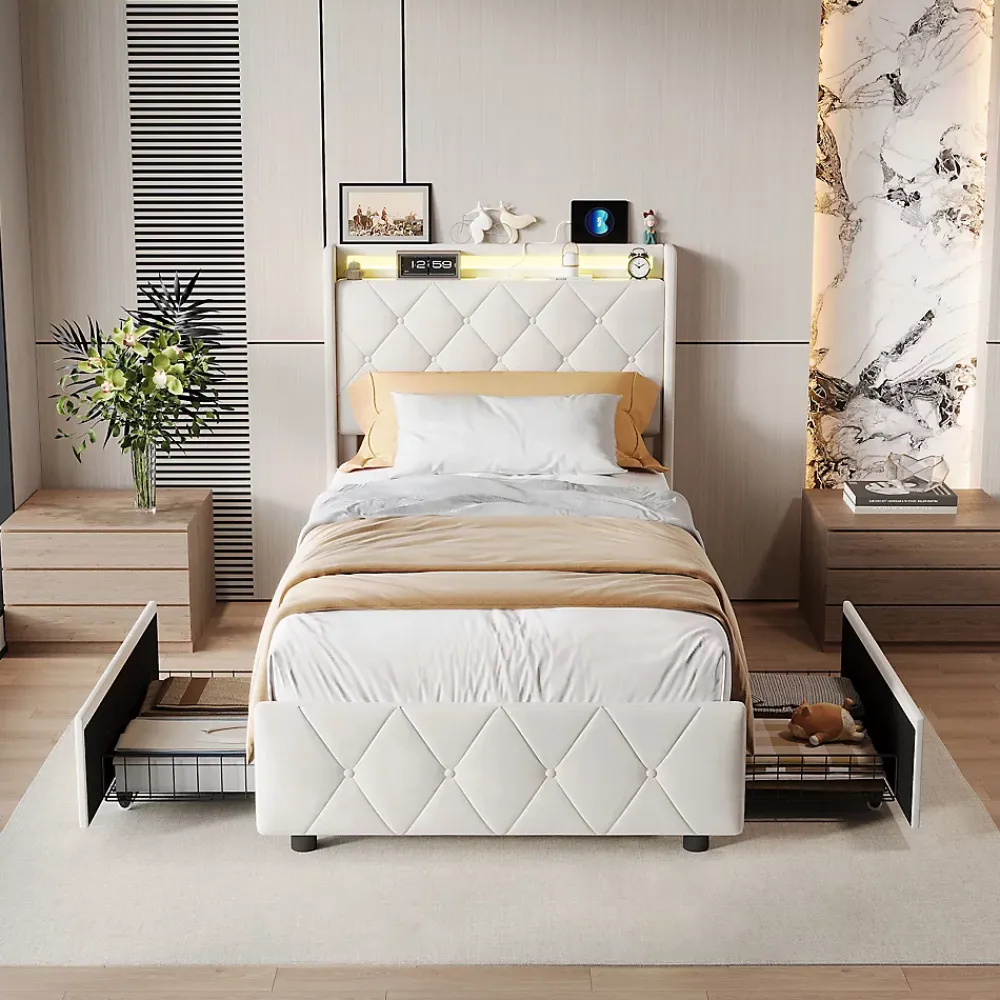 Simple Life Lit Coffre 90x200 cm avec éclairage LED et Charge USB, Lit simple Rembourré avec 2 tiroirs, Sommier à Lattes, Velours, Beige* Lit Coffre