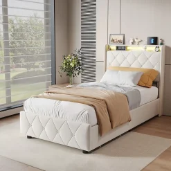 Simple Life Lit Coffre 90x200 cm avec éclairage LED et Charge USB, Lit simple Rembourré avec 2 tiroirs, Sommier à Lattes, Velours, Beige* Lit Coffre
