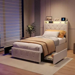 Simple Life Lit Coffre 90x200 cm avec éclairage LED et Charge USB, Lit simple Rembourré avec 2 tiroirs, Sommier à Lattes, Velours, Beige* Lit Coffre