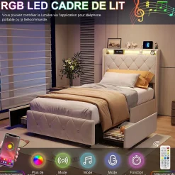 Simple Life Lit Coffre 90x200 cm avec éclairage LED et Charge USB, Lit simple Rembourré avec 2 tiroirs, Sommier à Lattes, Velours, Beige* Lit Coffre