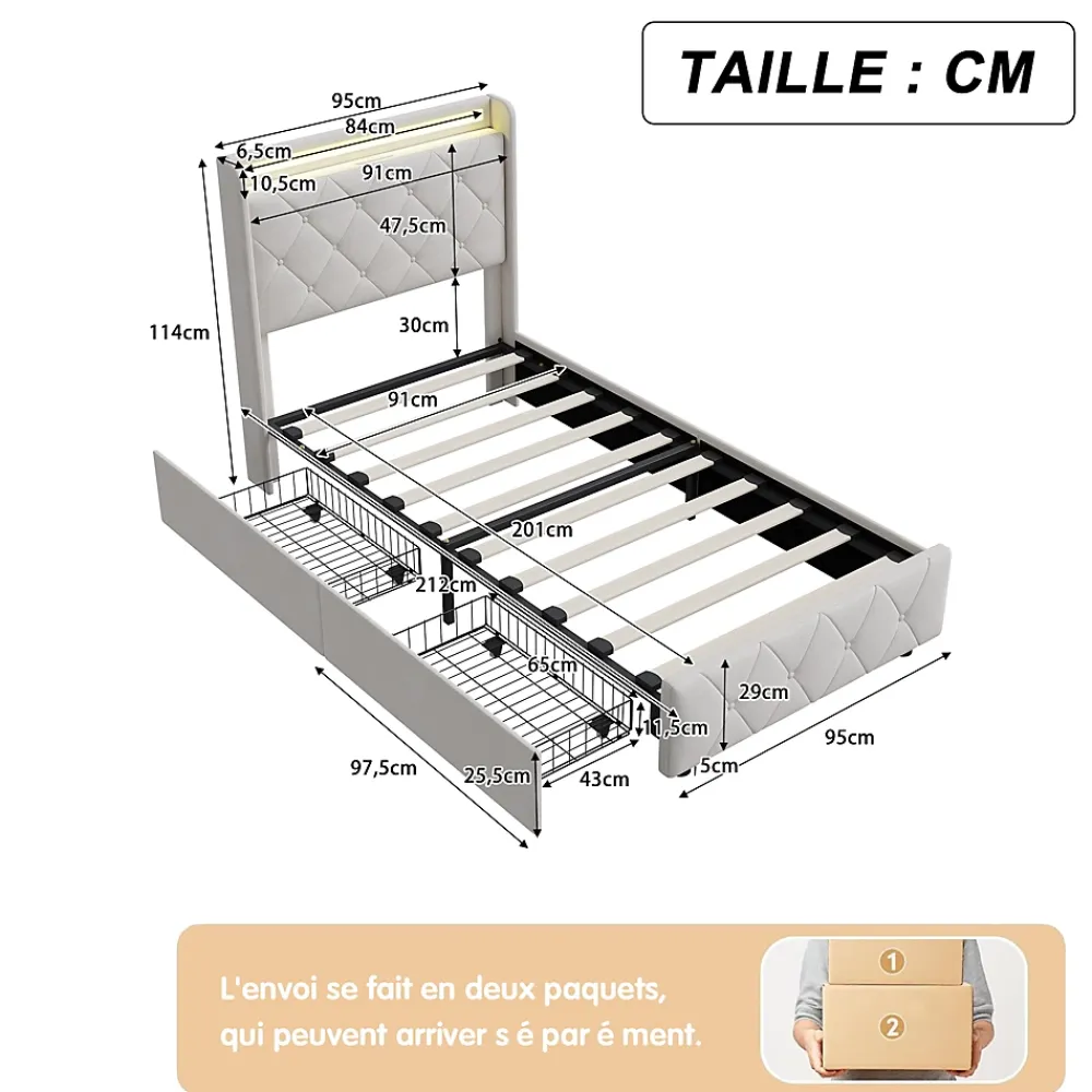 Simple Life Lit Coffre 90x200 cm avec éclairage LED et Charge USB, Lit simple Rembourré avec 2 tiroirs, Sommier à Lattes, Velours, Beige* Lit Coffre