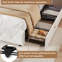 Simple Life Lit Coffre 90x200 cm avec éclairage LED et Charge USB, Lit simple Rembourré avec 2 tiroirs, Sommier à Lattes, Velours, Beige* Lit Coffre