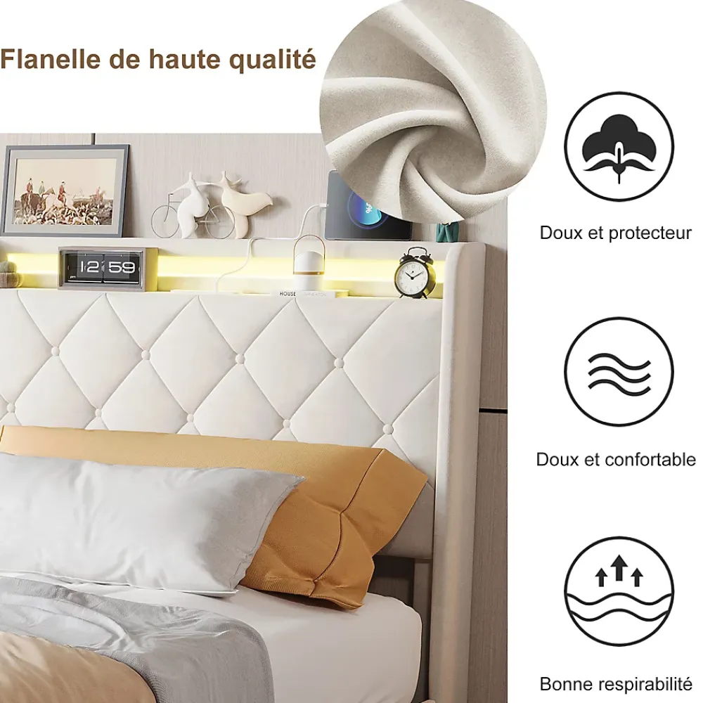 Simple Life Lit Coffre 90x200 cm avec éclairage LED et Charge USB, Lit simple Rembourré avec 2 tiroirs, Sommier à Lattes, Velours, Beige* Lit Coffre