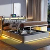 Lit Coffre 140x190 cm avec éclairage LED et Charge USB, Lit Double avec Rangement, Sommier à Lattes, Velours, Gris>Simple Life New