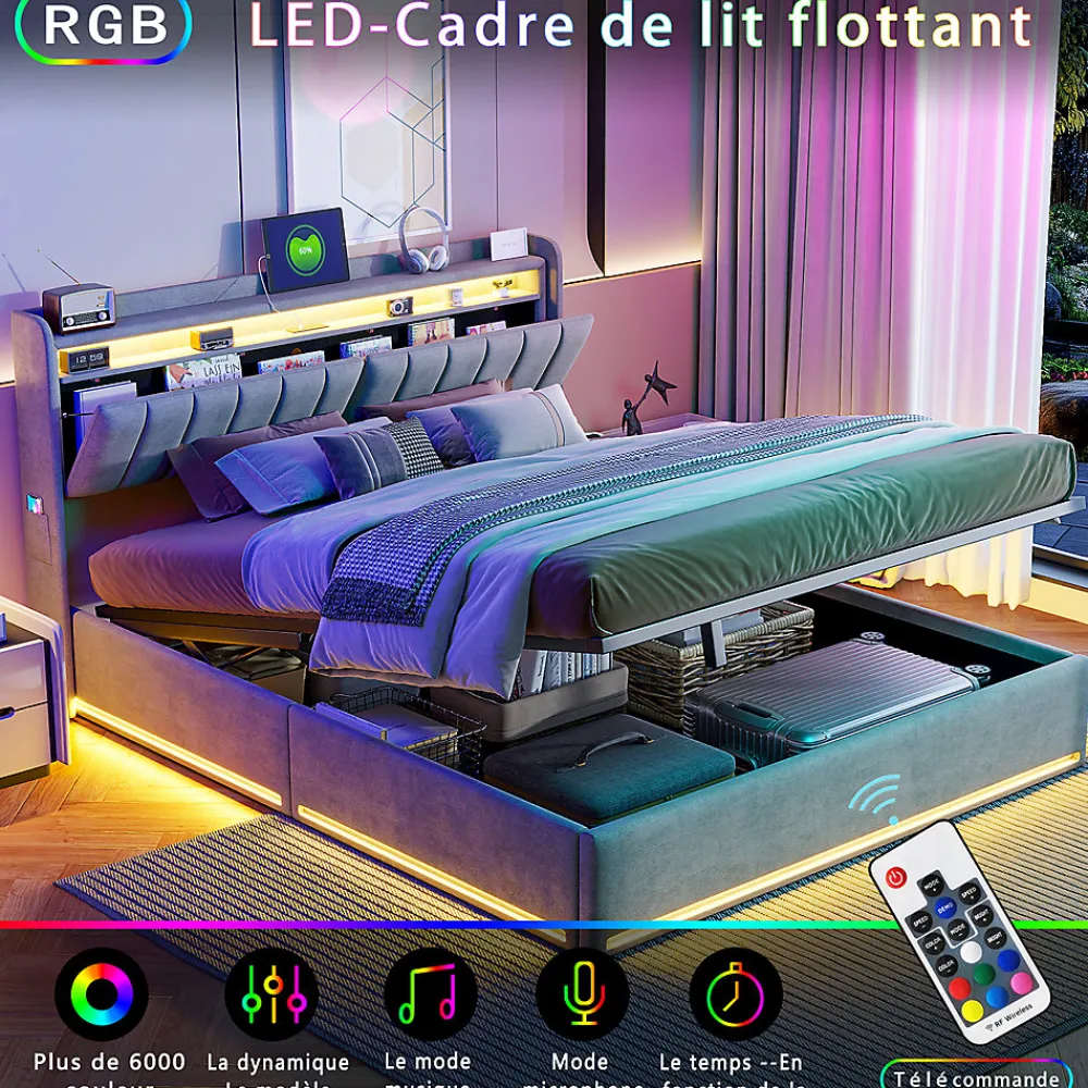 Lit Coffre 140x190 cm avec éclairage LED et Charge USB, Lit Double avec Rangement, Sommier à Lattes, Velours, Gris>Simple Life New
