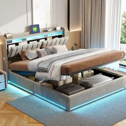 Lit Coffre 140x190 cm avec éclairage LED et Charge USB, Lit Double avec Rangement, Sommier à Lattes, Velours, Gris><noscript><img width=