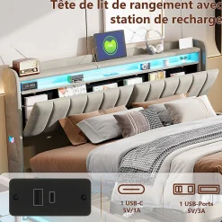 Lit Coffre 140x190 cm avec éclairage LED et Charge USB, Lit Double avec Rangement, Sommier à Lattes, Velours, Gris><noscript><img width=