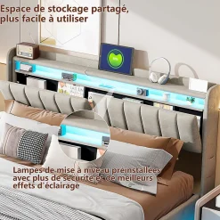 Lit Coffre 140x190 cm avec éclairage LED et Charge USB, Lit Double avec Rangement, Sommier à Lattes, Velours, Gris><noscript><img width=