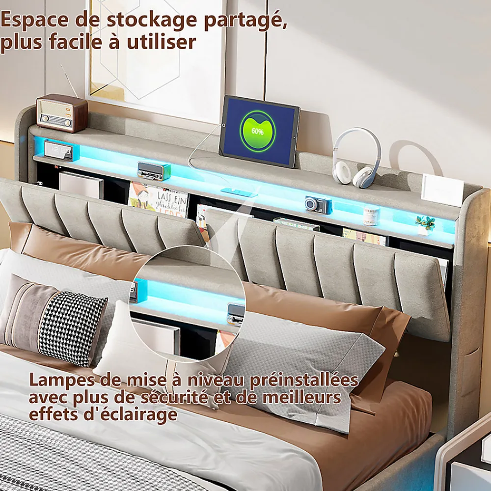 Lit Coffre 140x190 cm avec éclairage LED et Charge USB, Lit Double avec Rangement, Sommier à Lattes, Velours, Gris>Simple Life New