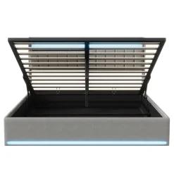 Lit Coffre 140x190 cm avec éclairage LED et Charge USB, Lit Double avec Rangement, Sommier à Lattes, Velours, Gris><noscript><img width=
