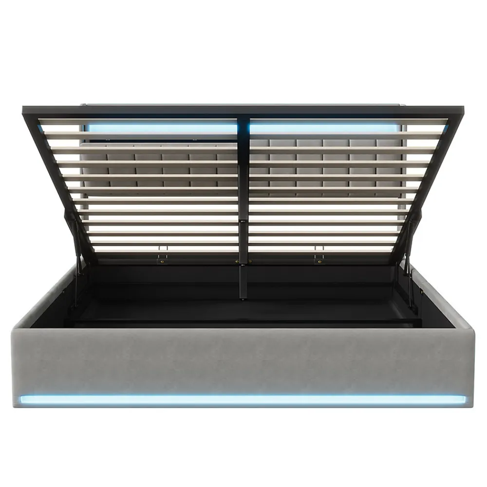 Lit Coffre 140x190 cm avec éclairage LED et Charge USB, Lit Double avec Rangement, Sommier à Lattes, Velours, Gris>Simple Life New