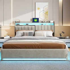 Lit Coffre 140x190 cm avec éclairage LED et Charge USB, Lit Double avec Rangement, Sommier à Lattes, Velours, Gris><noscript><img width=