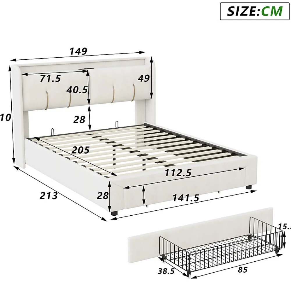 Lit coffre 140x200 cm avec LED, sommier à lattes, USB Type-C, capitonné velours blanc>Simple Life Sale