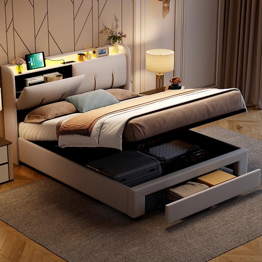 Lit coffre 140x200 cm avec LED, sommier à lattes, USB Type-C, capitonné velours blanc>Simple Life Sale