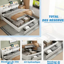 Lit coffre 140x200 cm avec LED, sommier à lattes, USB Type-C, capitonné velours blanc><noscript><img width=