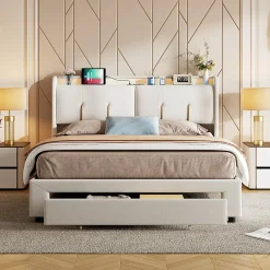 Lit coffre 140x200 cm avec LED, sommier à lattes, USB Type-C, capitonné velours blanc><noscript><img width=