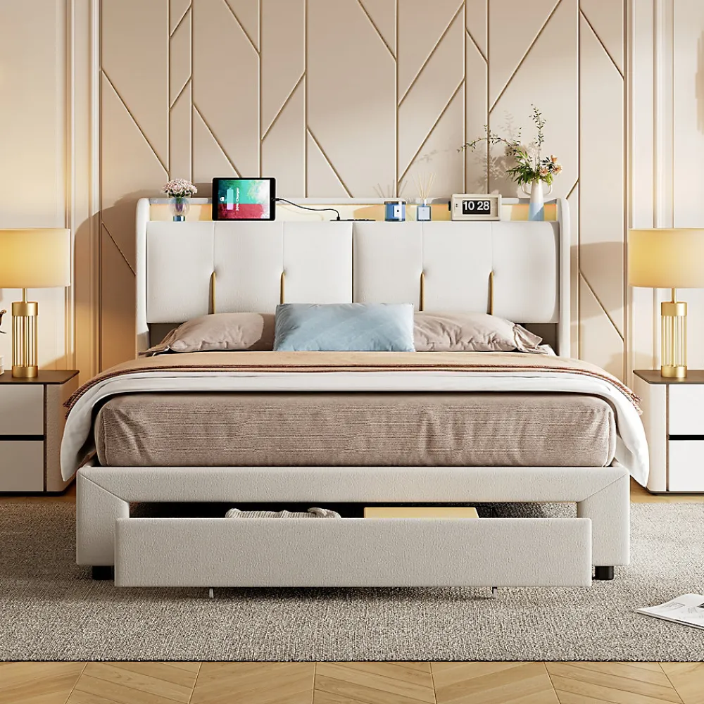 Lit coffre 140x200 cm avec LED, sommier à lattes, USB Type-C, capitonné velours blanc>Simple Life Sale