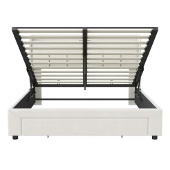 Lit coffre 140x200 cm avec LED, sommier à lattes, USB Type-C, capitonné velours blanc><noscript><img width=
