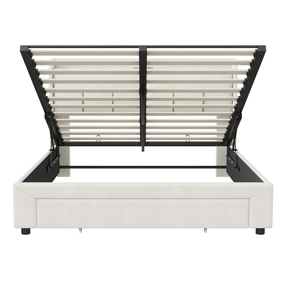 Lit coffre 140x200 cm avec LED, sommier à lattes, USB Type-C, capitonné velours blanc>Simple Life Sale