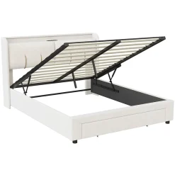 Lit coffre 140x200 cm avec LED, sommier à lattes, USB Type-C, capitonné velours blanc><noscript><img width=