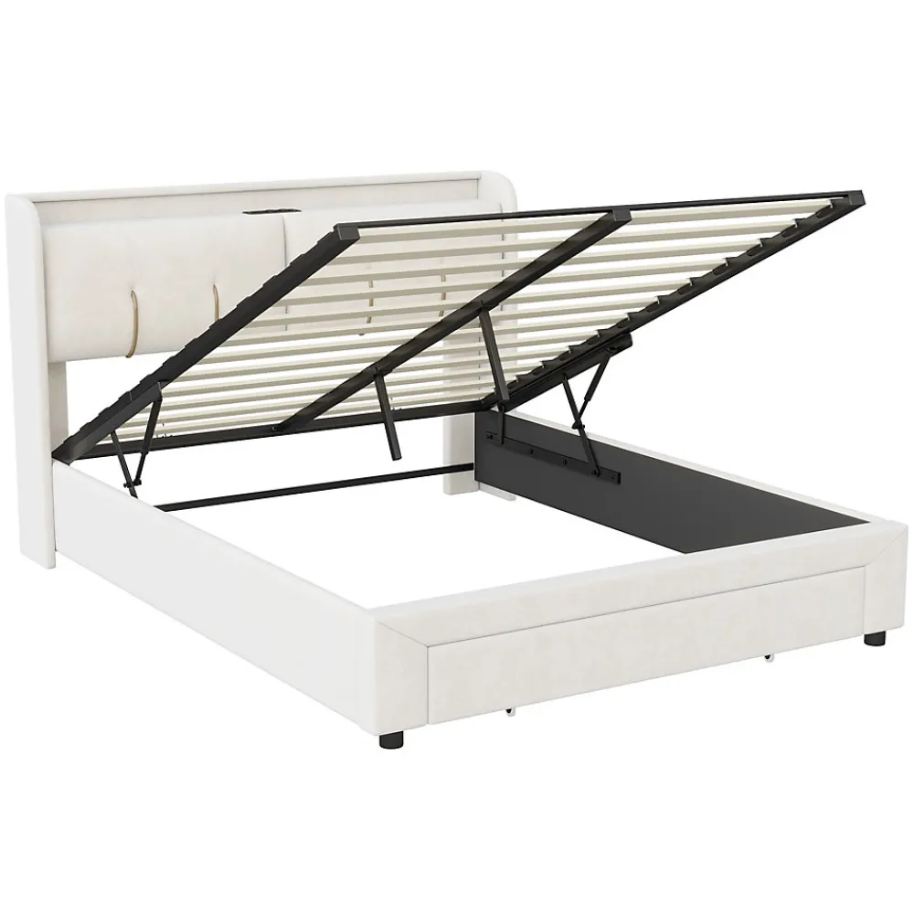 Lit coffre 140x200 cm avec LED, sommier à lattes, USB Type-C, capitonné velours blanc>Simple Life Sale