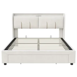 Lit coffre 140x200 cm avec LED, sommier à lattes, USB Type-C, capitonné velours blanc><noscript><img width=