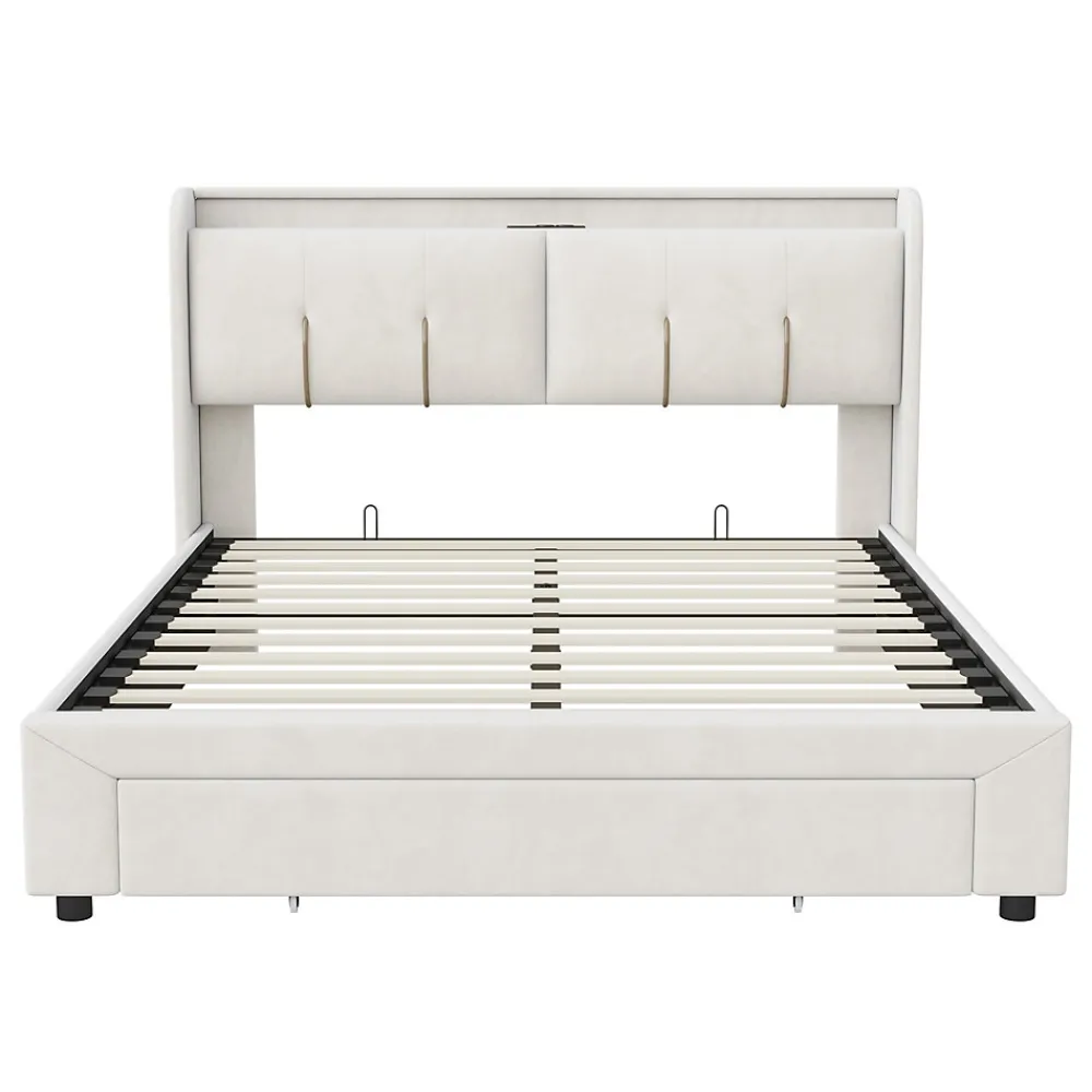 Lit coffre 140x200 cm avec LED, sommier à lattes, USB Type-C, capitonné velours blanc>Simple Life Sale