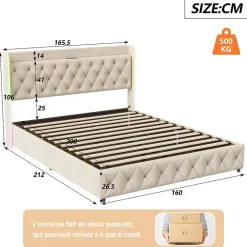 Lit Coffre 160x200 cm, avec LED et USB, Lit Double Rembourre, avec Rangement, Tete de Lit, Velours, Beige><noscript><img width=