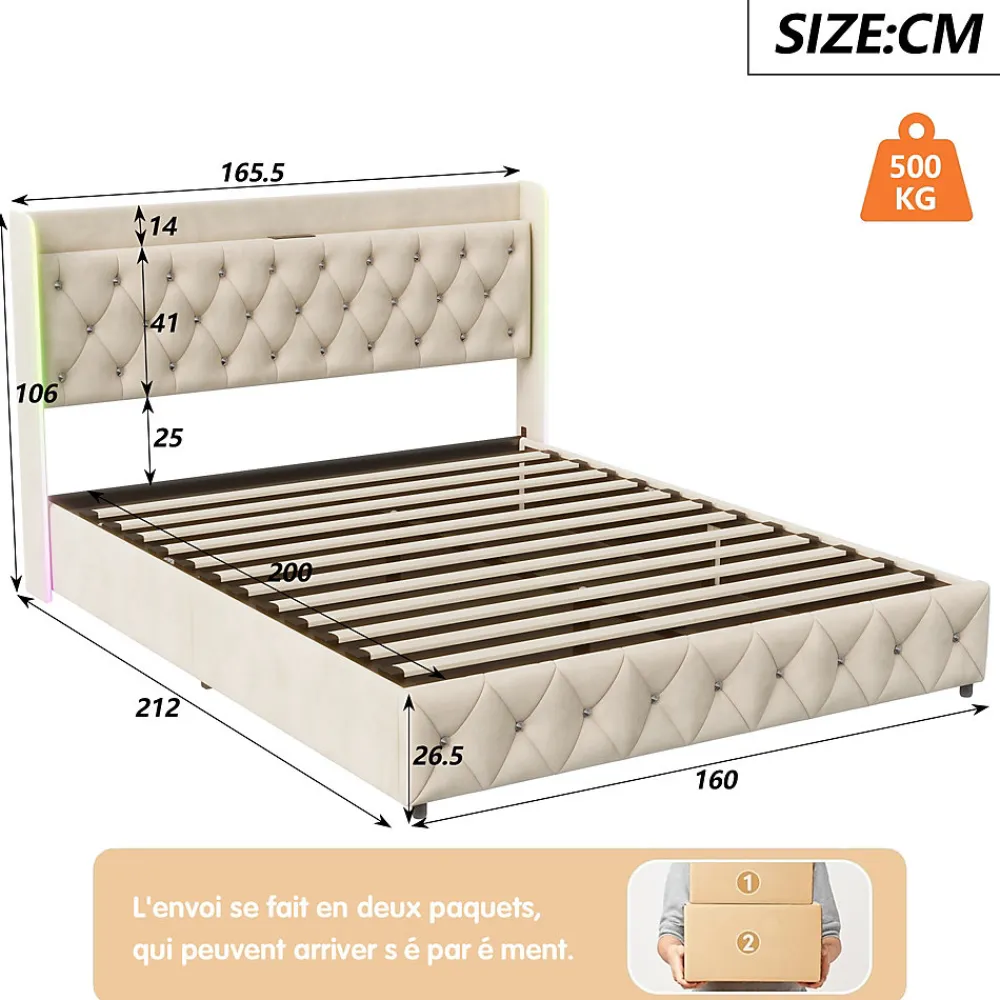 Lit Coffre 160x200 cm, avec LED et USB, Lit Double Rembourre, avec Rangement, Tete de Lit, Velours, Beige>Simple Life Online