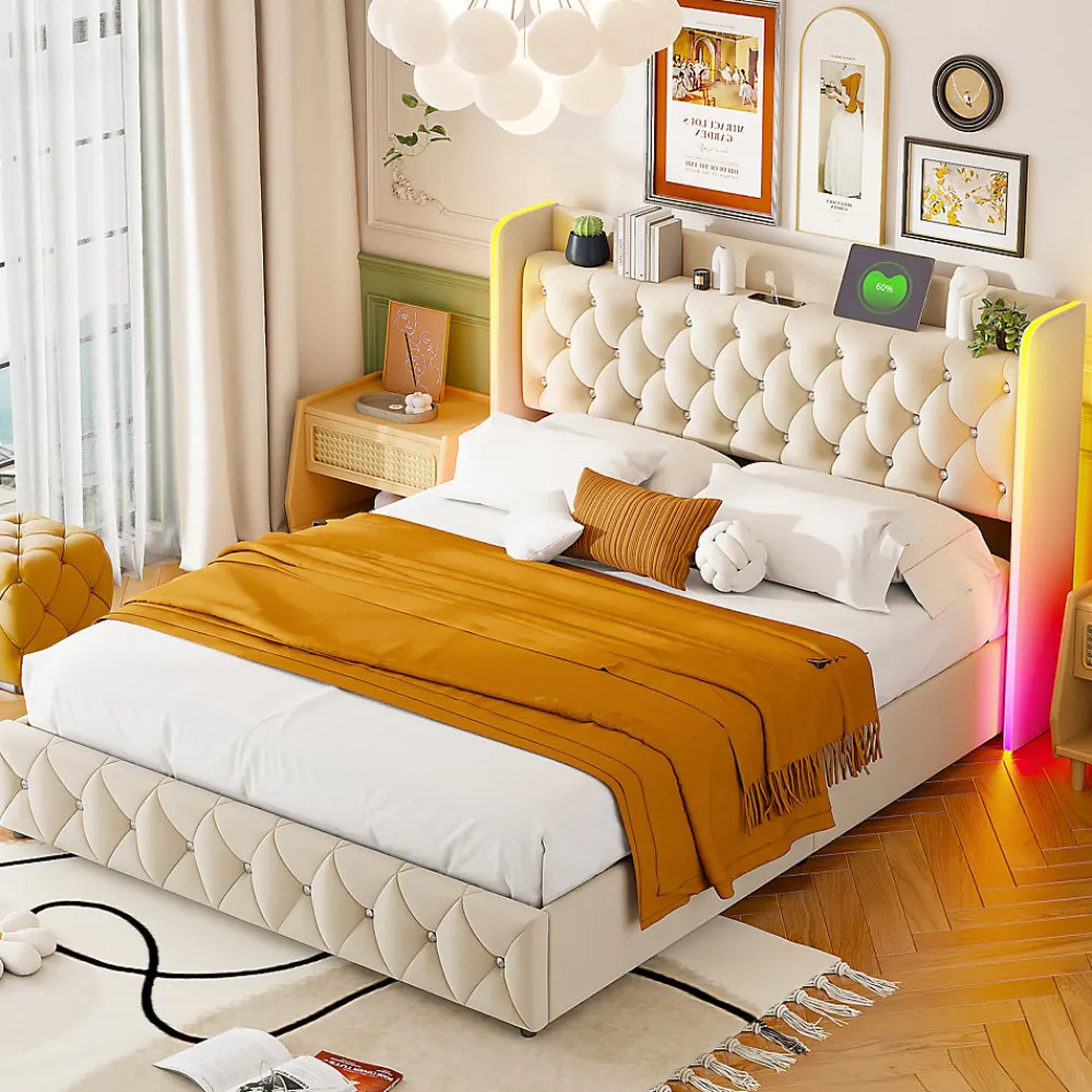 Lit Coffre 160x200 cm, avec LED et USB, Lit Double Rembourre, avec Rangement, Tete de Lit, Velours, Beige>Simple Life Online