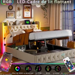 Lit Coffre 160x200 cm, avec LED et USB, Lit Double Rembourre, avec Rangement, Tete de Lit, Velours, Beige><noscript><img width=