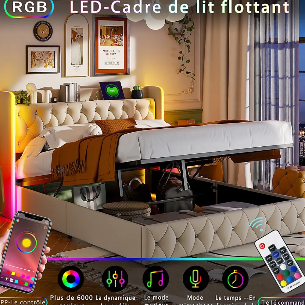 Lit Coffre 160x200 cm, avec LED et USB, Lit Double Rembourre, avec Rangement, Tete de Lit, Velours, Beige>Simple Life Online