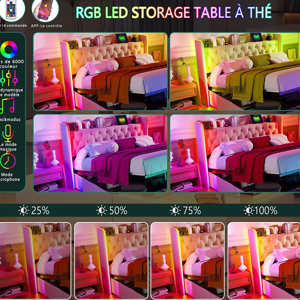 Lit Coffre 160x200 cm, avec LED et USB, Lit Double Rembourre, avec Rangement, Tete de Lit, Velours, Beige>Simple Life Online
