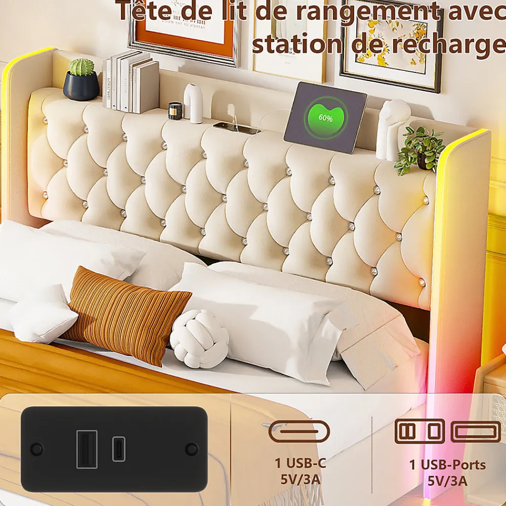 Lit Coffre 160x200 cm, avec LED et USB, Lit Double Rembourre, avec Rangement, Tete de Lit, Velours, Beige>Simple Life Online