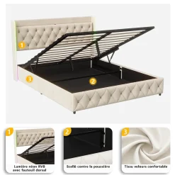 Lit Coffre 160x200 cm, avec LED et USB, Lit Double Rembourre, avec Rangement, Tete de Lit, Velours, Beige><noscript><img width=