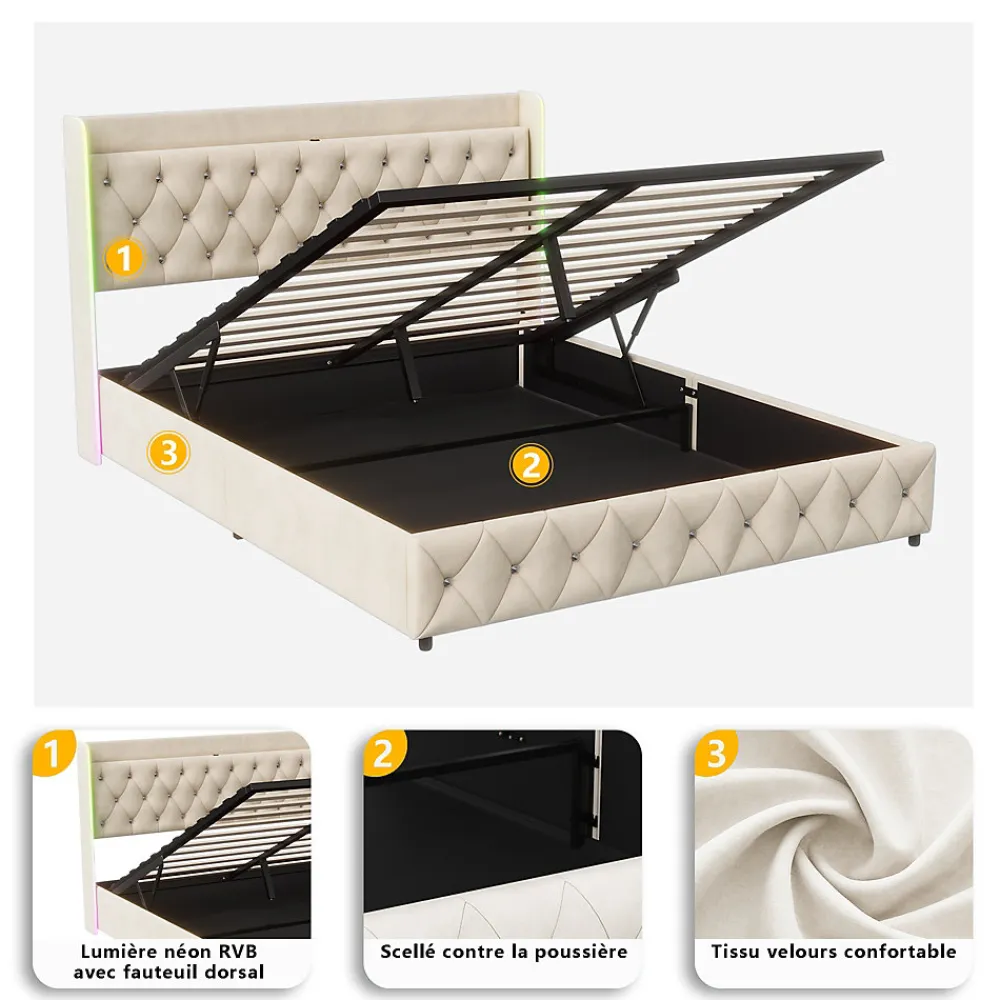 Lit Coffre 160x200 cm, avec LED et USB, Lit Double Rembourre, avec Rangement, Tete de Lit, Velours, Beige>Simple Life Online