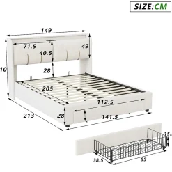 Simple Life Lit coffre 140x200 cm avec LED, sommier à lattes, USB Type-C, capitonné velours blanc* Lit Coffre